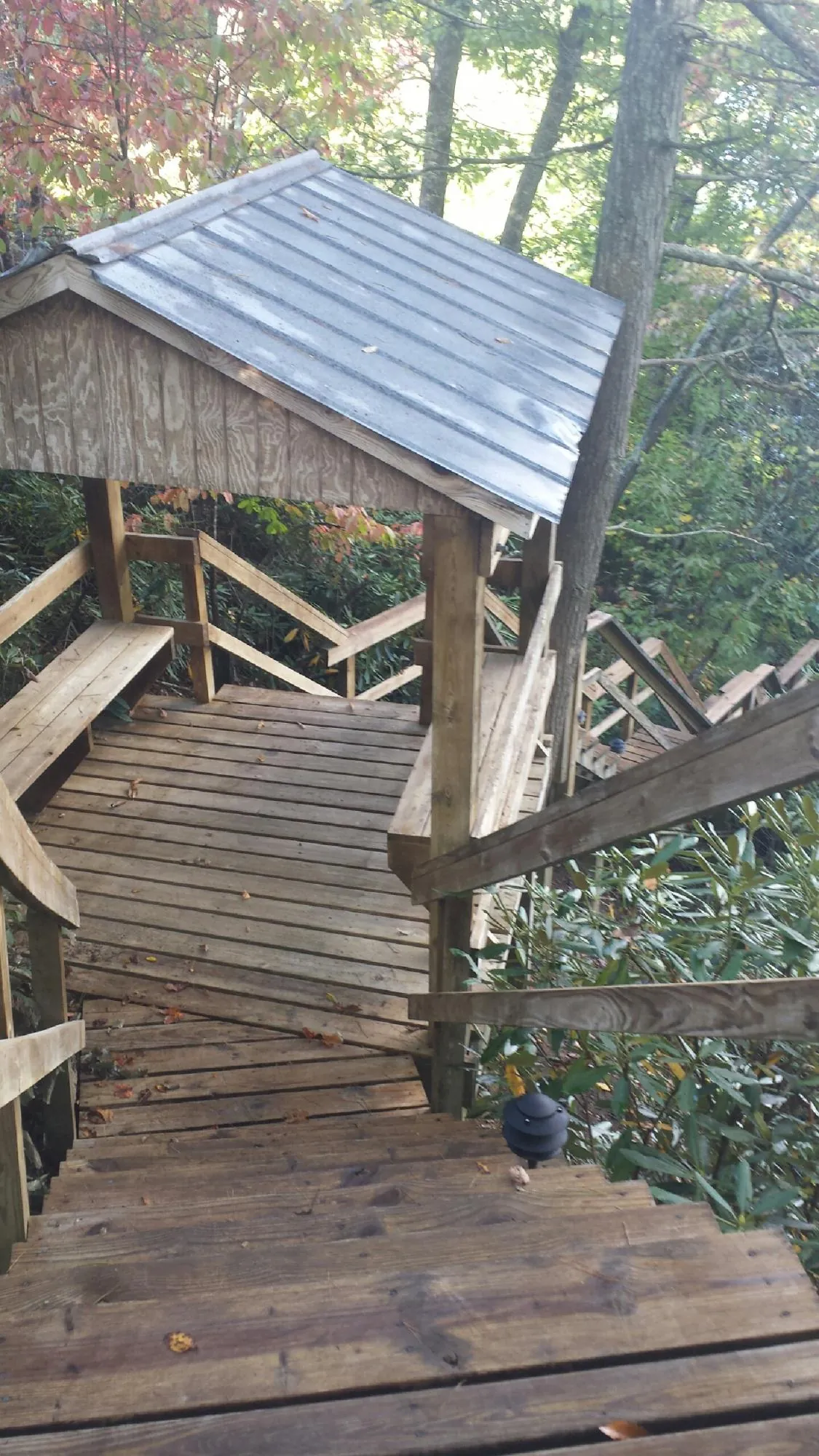 Metal roofed shelter over wooden steps on a wooded walkway — Skylight Repair & Installation work by our crew in Rehoboth